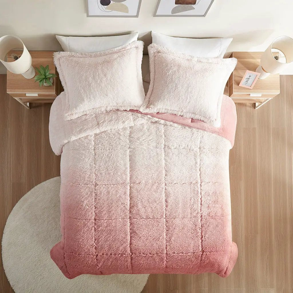 Full/Queen Ombre Shaggy Long Fur Comforter Mini Set by HouseOfZazla