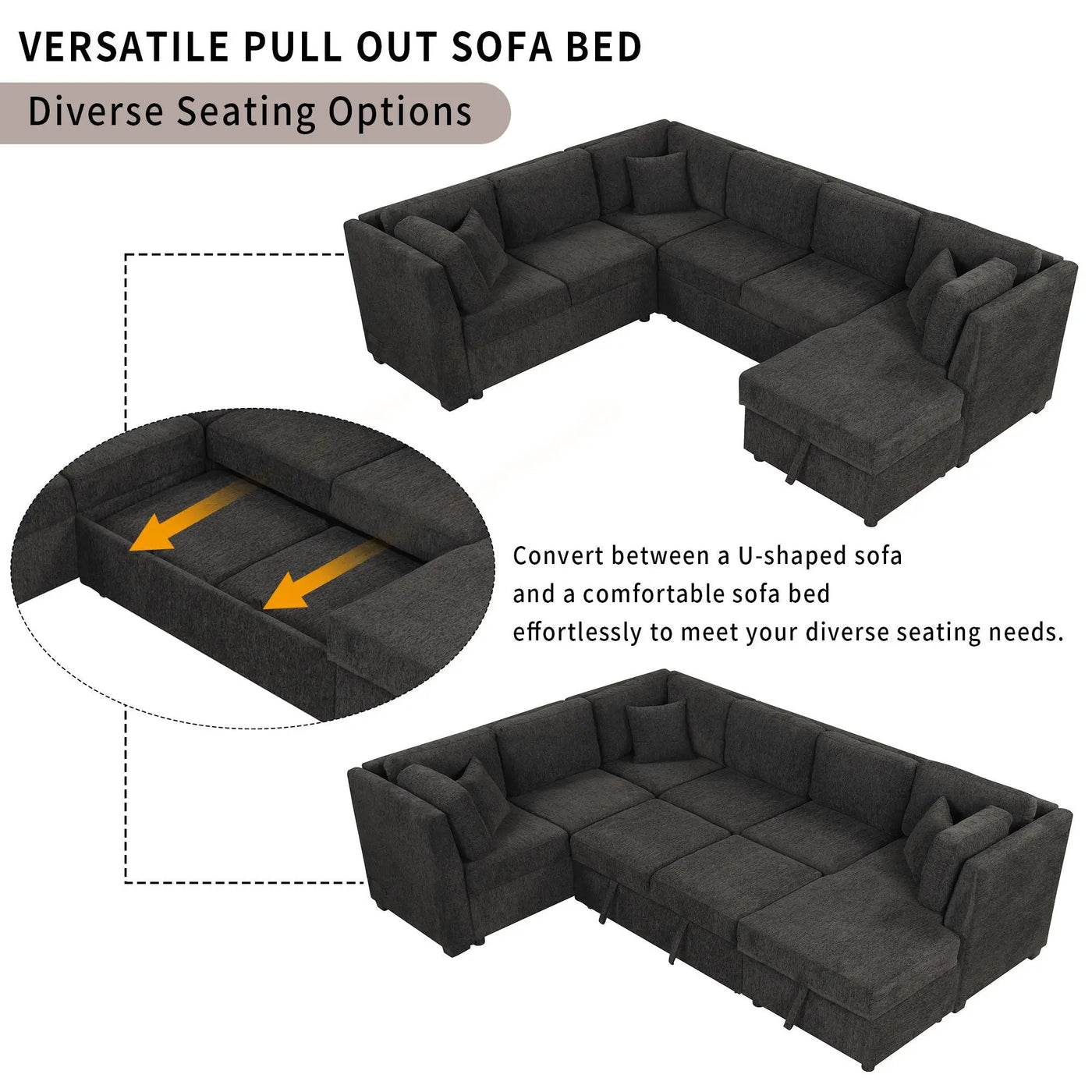 U-Shaped Sectional Sofa Pull Out Sofa Bed With Two USB Ports, Two Power Sockets, Three Back Pillows And A Storage Chaise For Living Room by Unique Piece Furniture