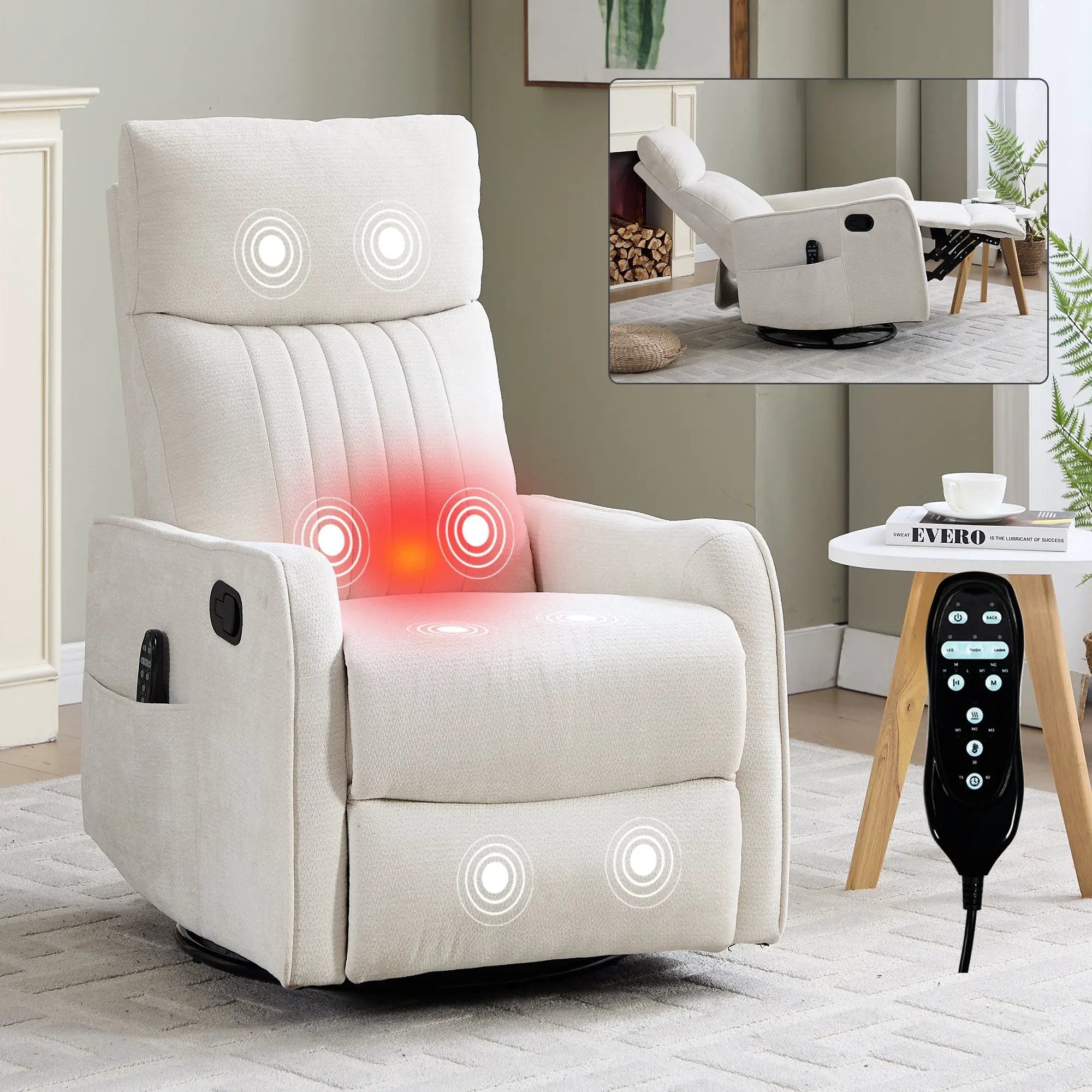 Beige Heat Massage Manual Recliner Chair with Rocker and Swivel by HouseOfZazla