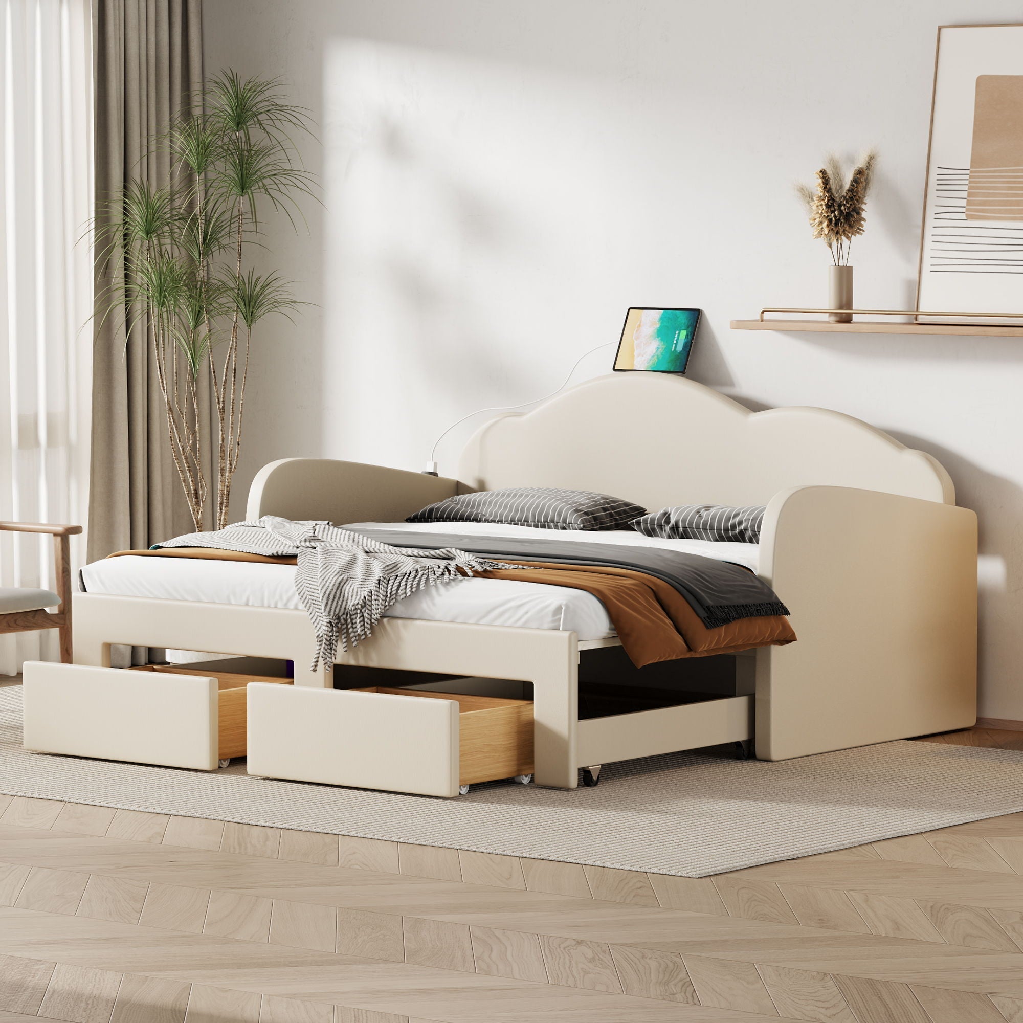 Upholstered Daybed With Cloud-Shaped Backrest, Trundle & 2 Drawers And USB Ports by HouseOfZazla