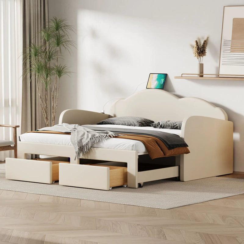 Upholstered Daybed With Cloud-Shaped Backrest, Trundle & 2 Drawers And USB Ports by HouseOfZazla