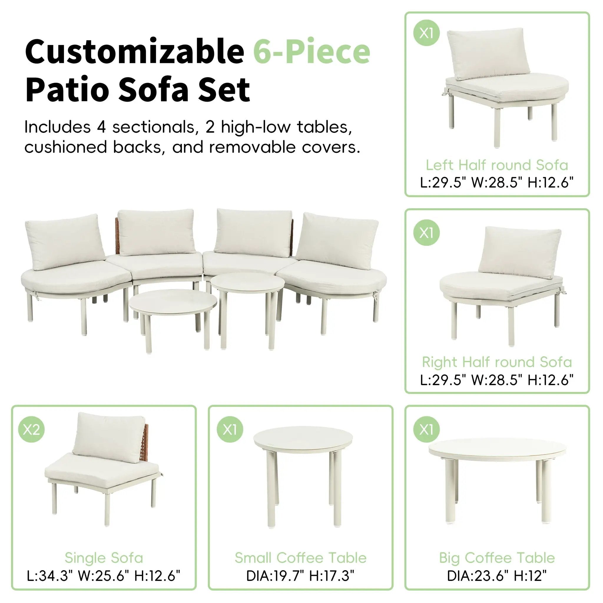 6 Piece Patio Set, Half Moon Outdoor Sectional Sofa With 2 High Low Coffee Tables, 4 Pillows & Cushions by Unique Piece Furniture