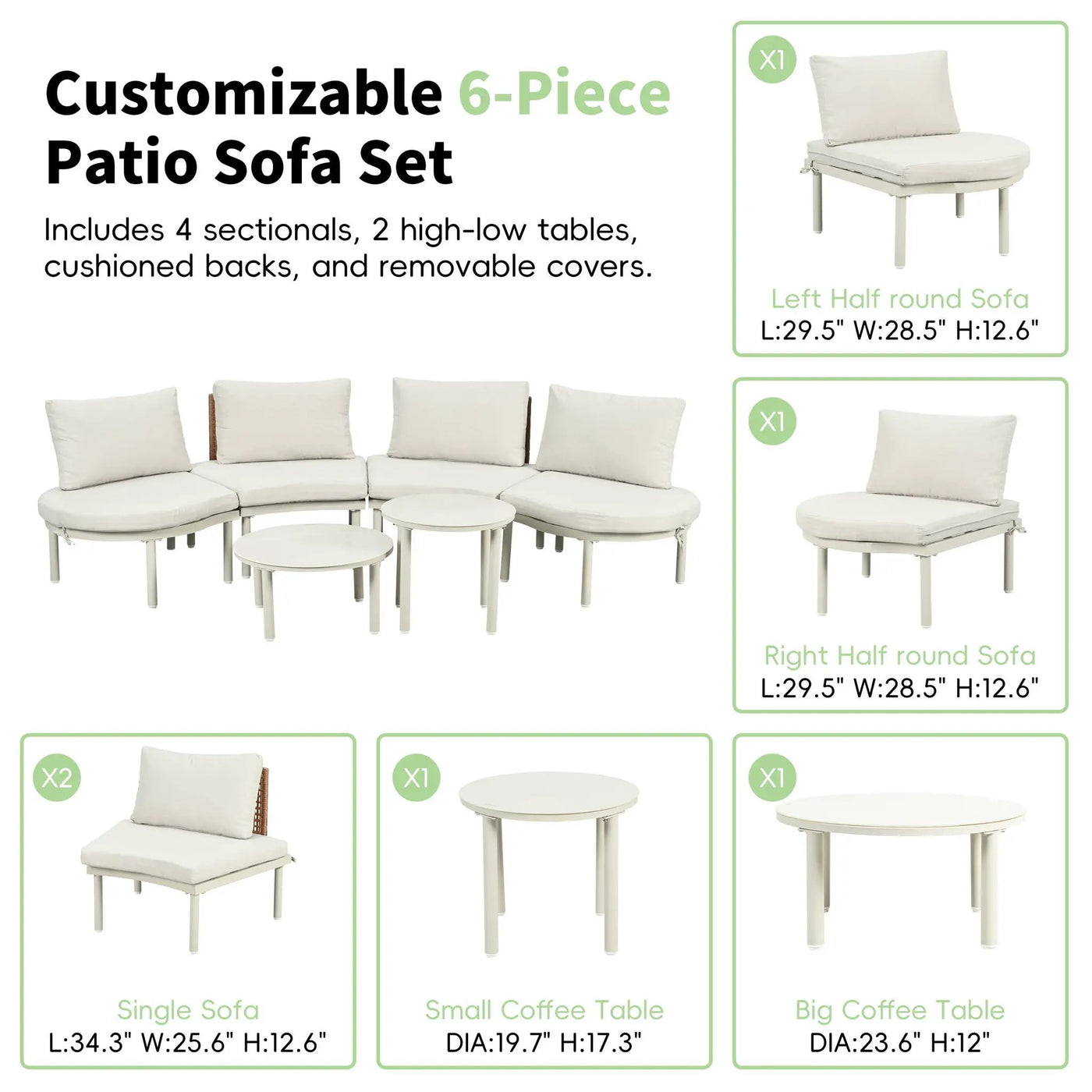 6 Piece Patio Set, Half Moon Outdoor Sectional Sofa With 2 High Low Coffee Tables, 4 Pillows & Cushions by HouseOfZazla