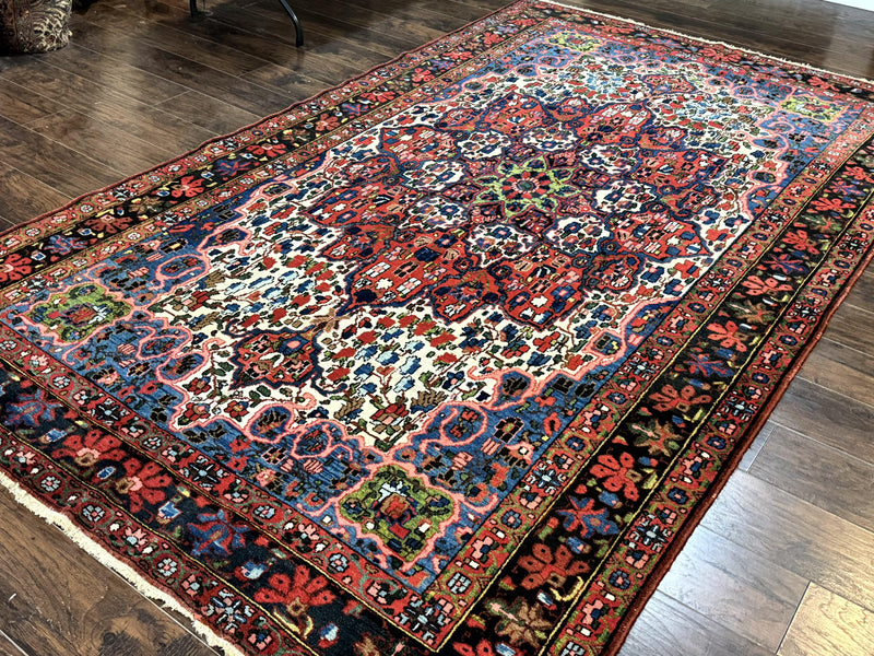 Persian Bakhtiari Rug 7x10, Antique Persian Carpet, Colorful, Great Colors, Ivory Red Blue, Rare Tribal Rug by Jewel Rugs