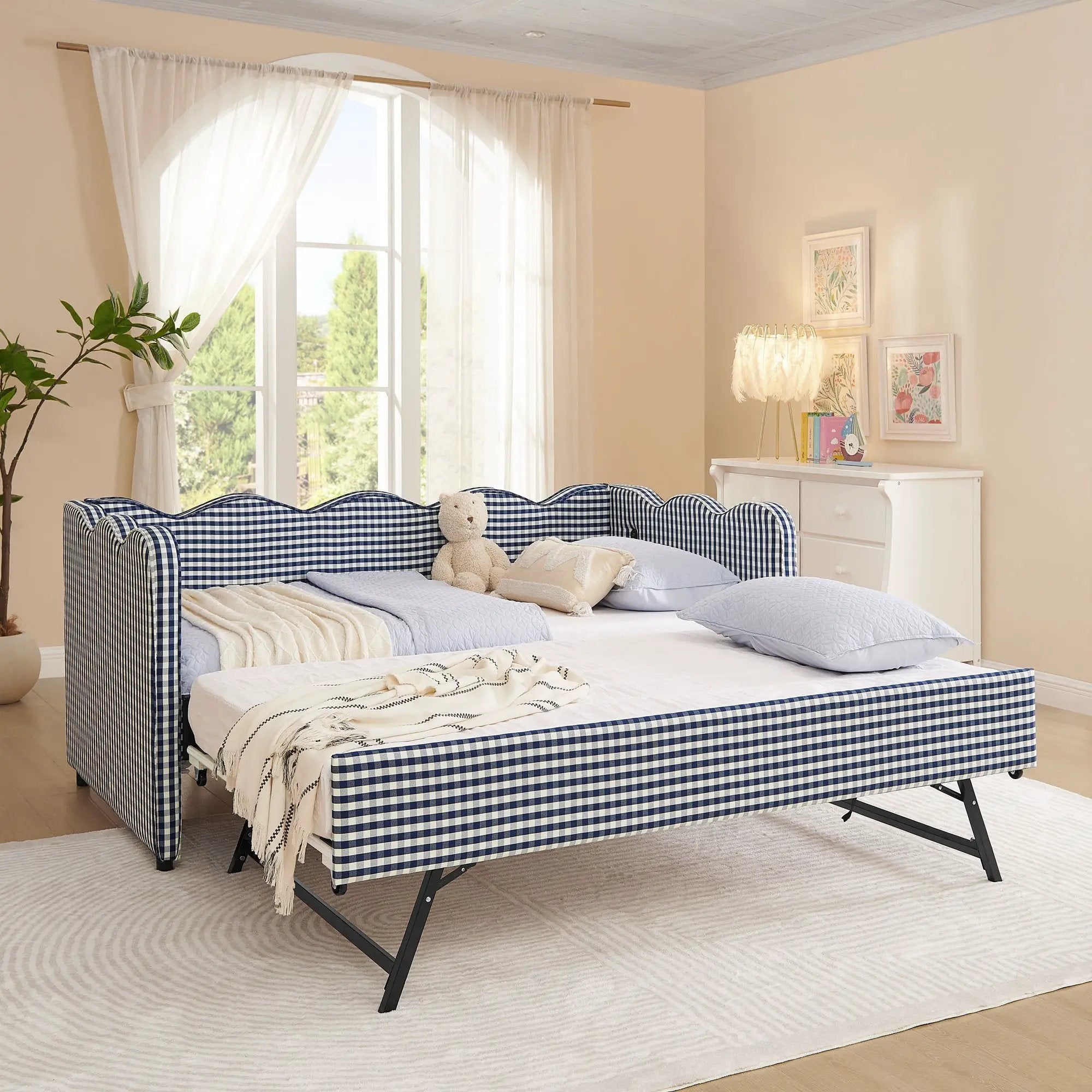 Gingham Daybed With USB Charging Port, Wave-Shaped Design by Unique Piece Furniture
