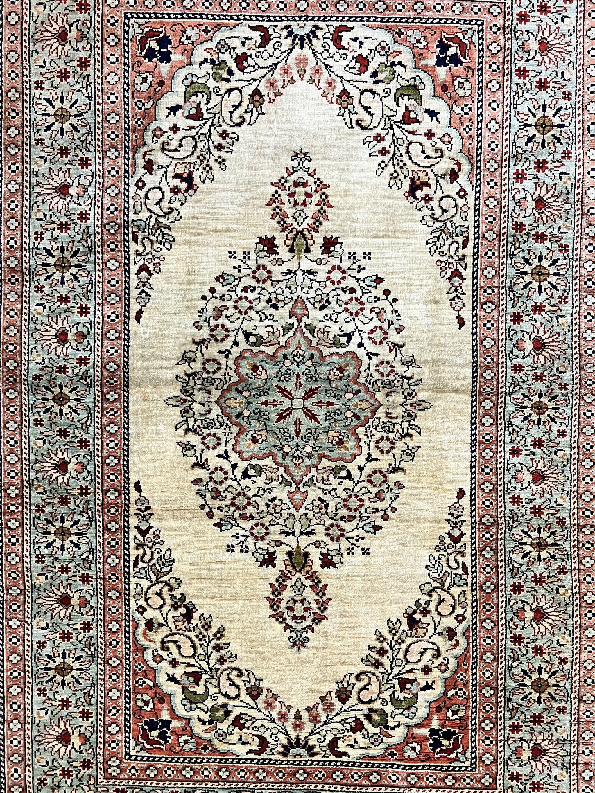 Silk Turkish Kayseri Rug 2x3, Very Finely Hand Knotted, Semi Open Field, Vintage, Silk Pile on Silk Foundation, 300 KPSI by Jewel Rugs