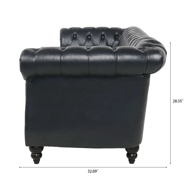 84.65" Black PU Rolled Arm Chesterfield Three Seater Sofa by HouseOfZazla