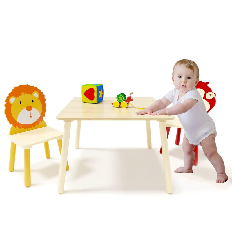 Kids Table And 2 Chairs Set, 3 Pieces Toddler Table And Chair Set, Wooden Activity Play Table Set (Lion&Monkey) - Natural by HouseOfZazla