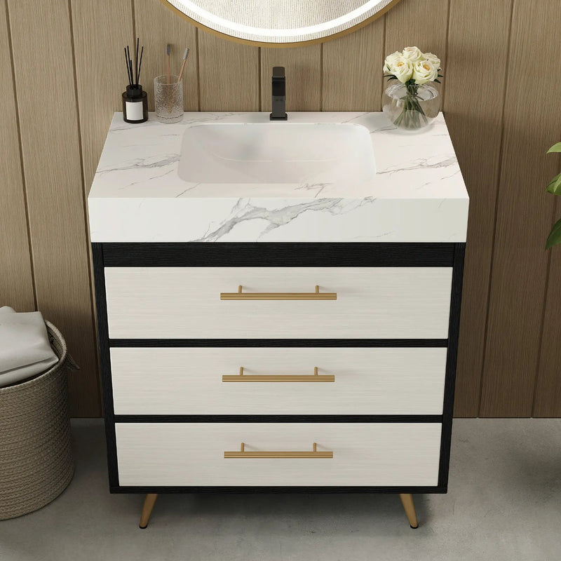 Modern Free-Standing Bathroom Vanity with Ceramic Vessel Sink & Durable Sintered Stone Top by HouseOfZazla