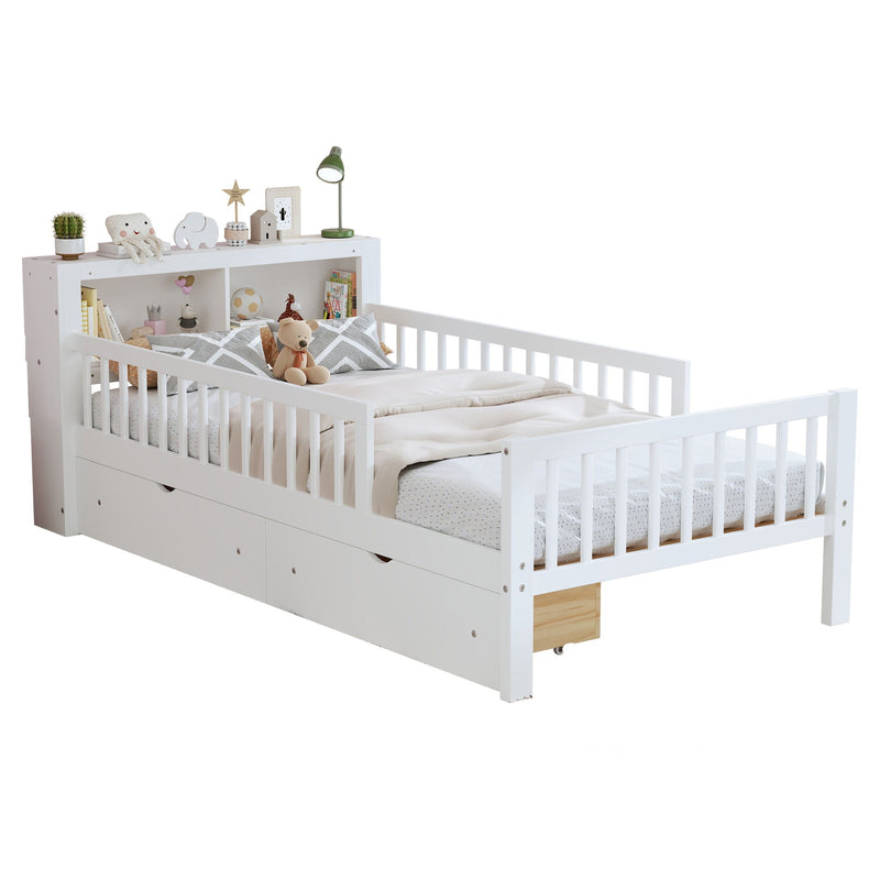 Bed With Headboard Storage Rack, 2 Under Bed Drawers, 3 Side Guardrails For Safety by HouseOfZazla