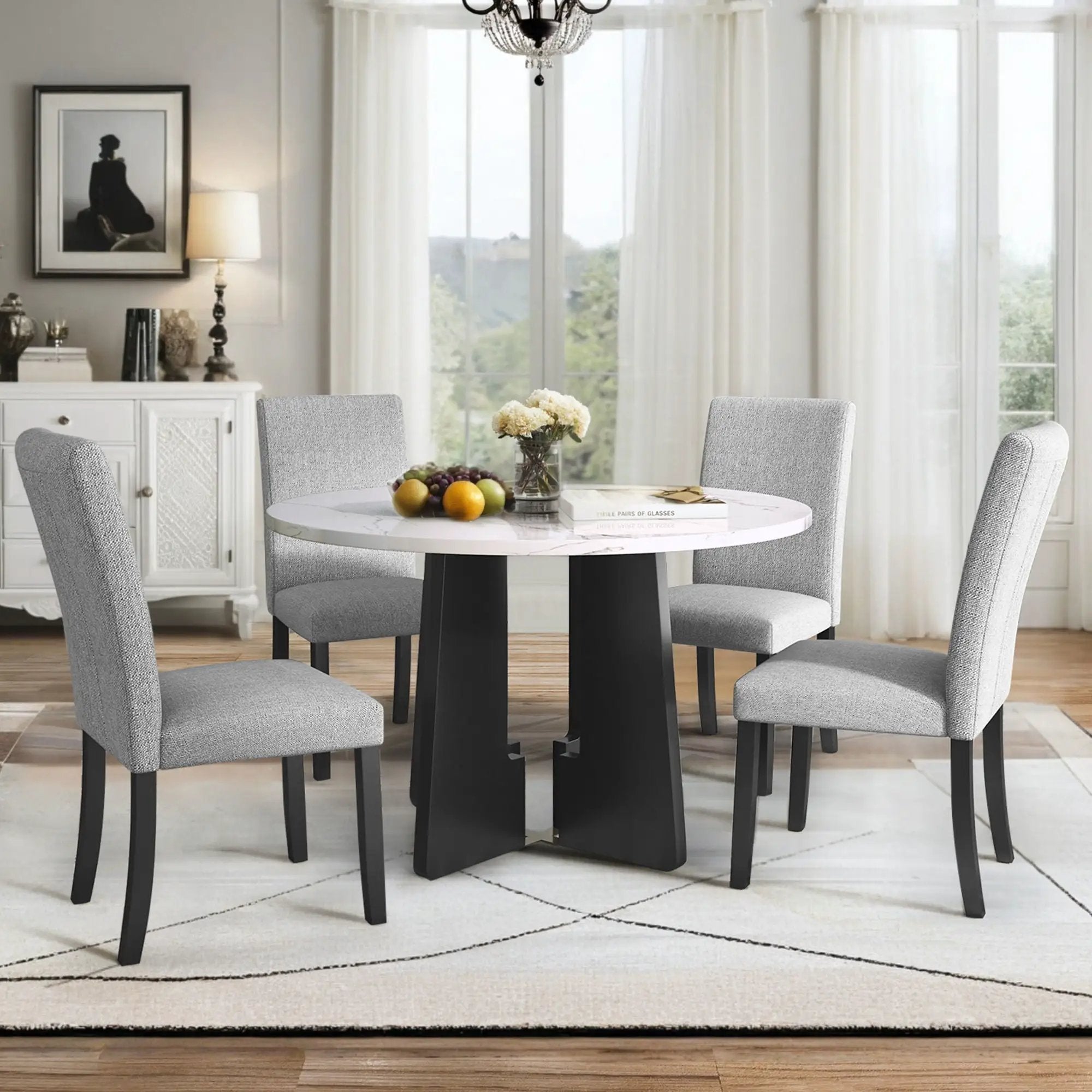 5 Piece Round Dining Table Set, Dining Table And 4 Upholstered Chairs For Dining Room, Kitchen Room, Living Room - White / Gray by HouseOfZazla