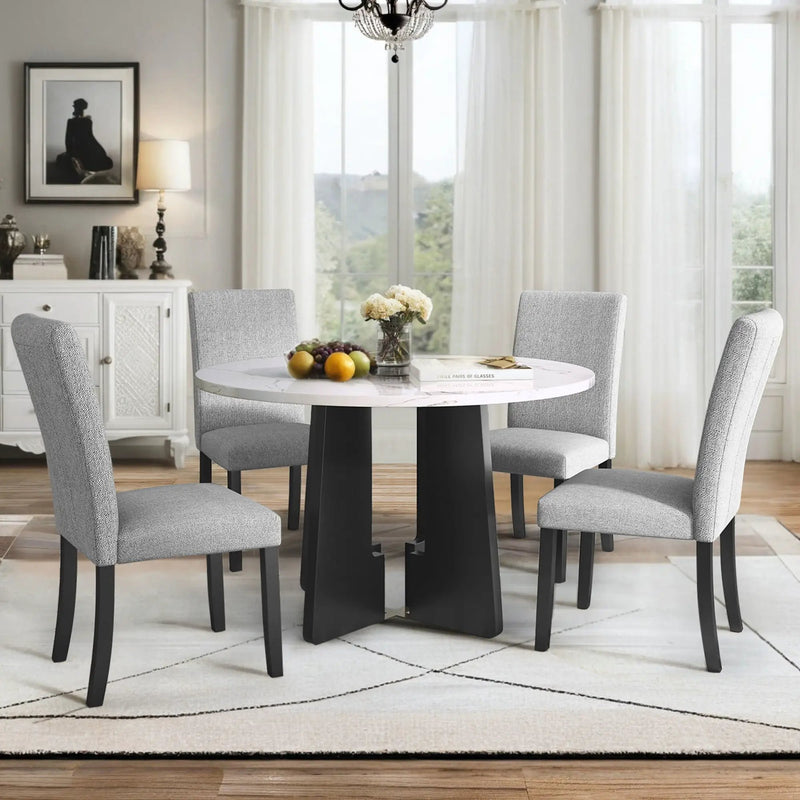 5 Piece Round Dining Table Set, Dining Table And 4 Upholstered Chairs For Dining Room, Kitchen Room, Living Room - White / Gray by HouseOfZazla
