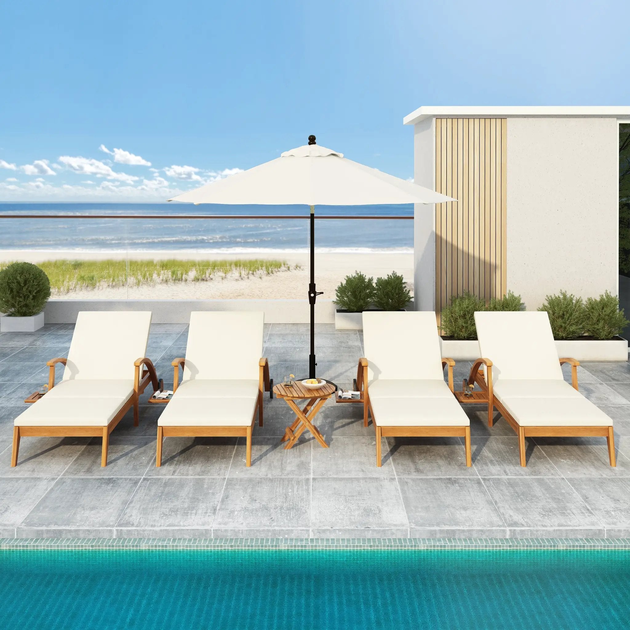 Outdoor Recliner Side Table Set with Acacia Wood and Adjustable Chaise Lounge by HouseOfZazla