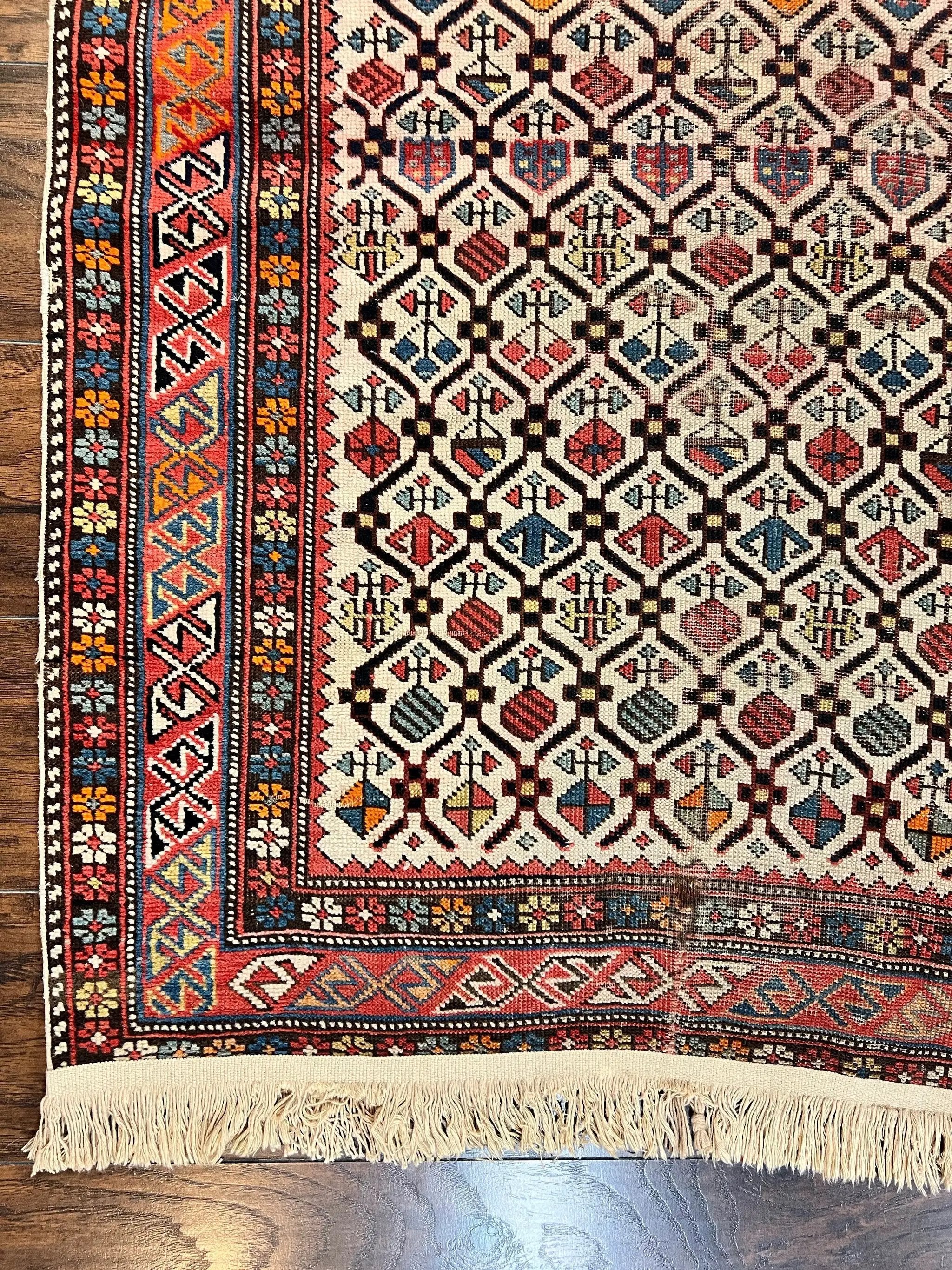 Antique Caucasian Rug 4x5, Hand Knotted Handmade Shirvan Oriental Carpet, Ivory Red Rug Allover Pattern, Rare Wool Rug, Tribal Geometric Rug by Jewel Rugs