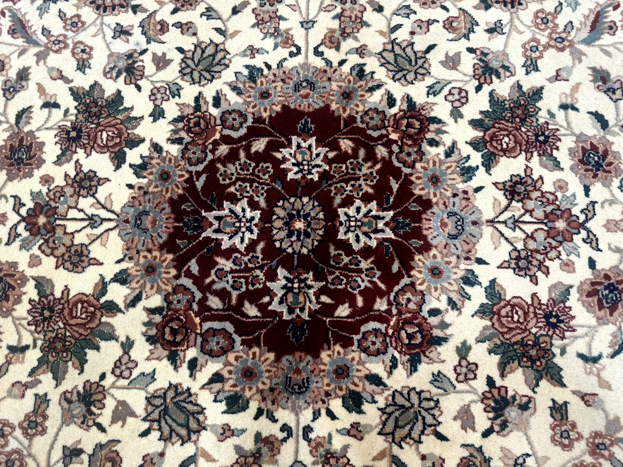 Round Sino Persian Rug 8x8, Wool and Silk, Floral Medallion, Ivory Dark Red by Jewel Rugs