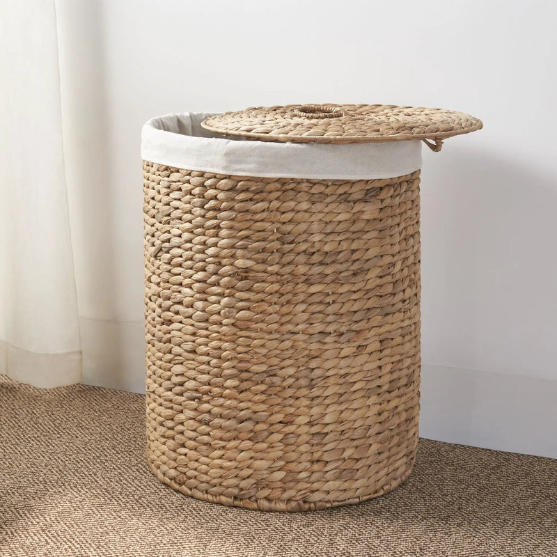 Round Tall Water Hyacinth Woven Wicker Laundry Hamper With Lid - For Clothes, Toys And Book Storage With Removable Liner - 15" X 15" X 20" - Natural Brown by Unique Piece Furniture