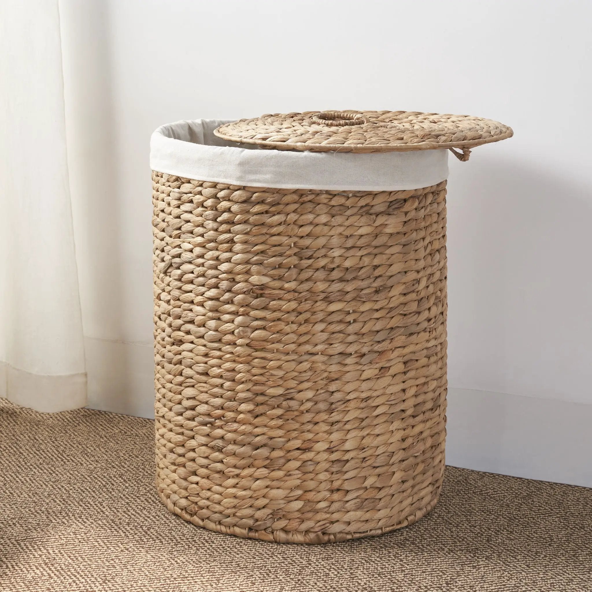 Round Tall Water Hyacinth Woven Wicker Laundry Hamper With Lid - For Clothes, Toys And Book Storage With Removable Liner - 15" X 15" X 20" - Natural Brown by HouseOfZazla