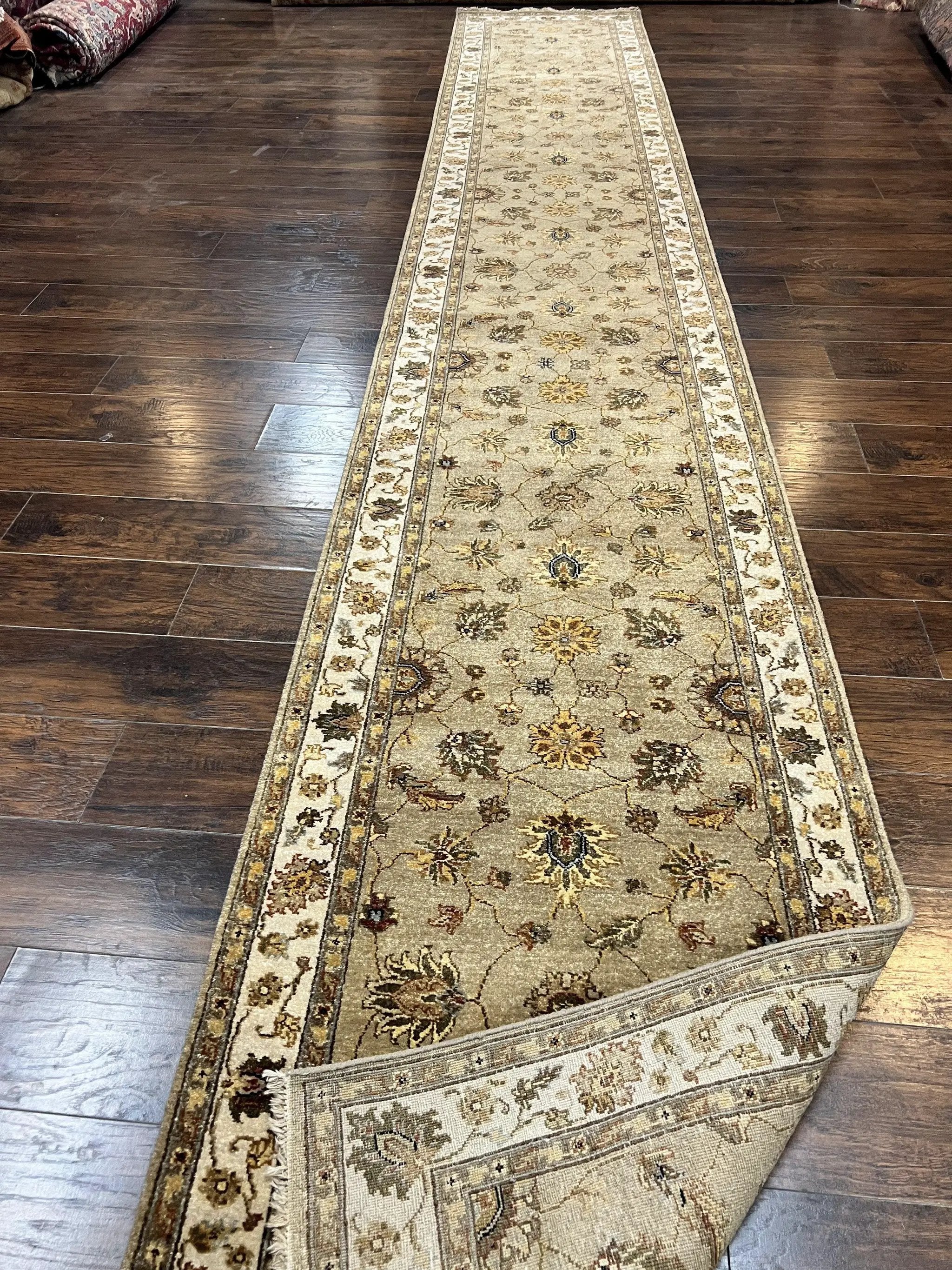 Peshawar Runner Rug 3 x 20, Wool Hand Knotted Vintage Pakistani Carpet, Olive Green & Ivory, Extra Long 20ft Hallway Runner, Floral by Jewel Rugs