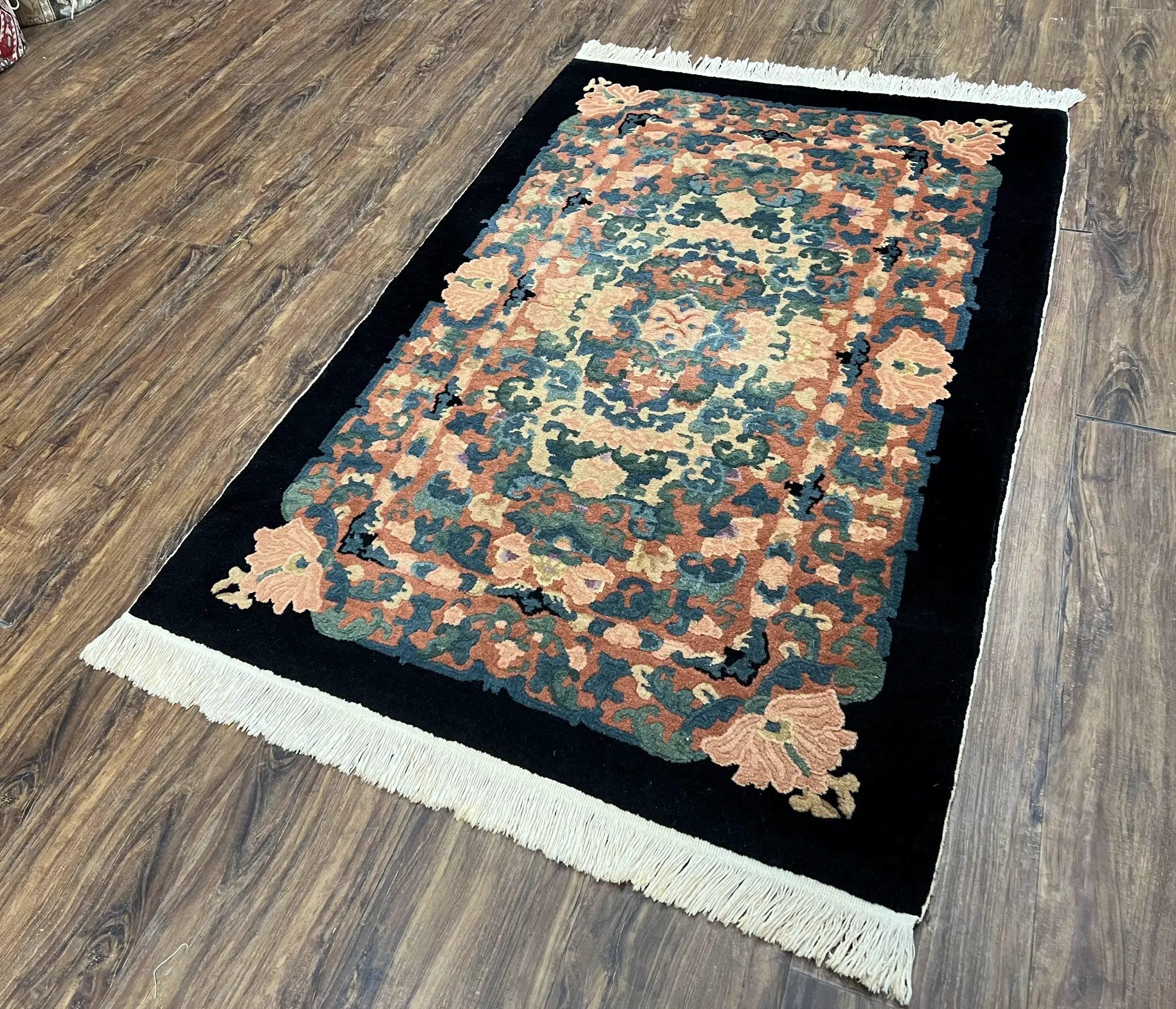 Chinese Art Deco Rug 3x5, Black and Beige Chinese Carpet 3 x 5, Vintage Rug, 1950s Rug, Floral Rug, Handmade Rug, Art Deco Rug, Wool Rug by Jewel Rugs