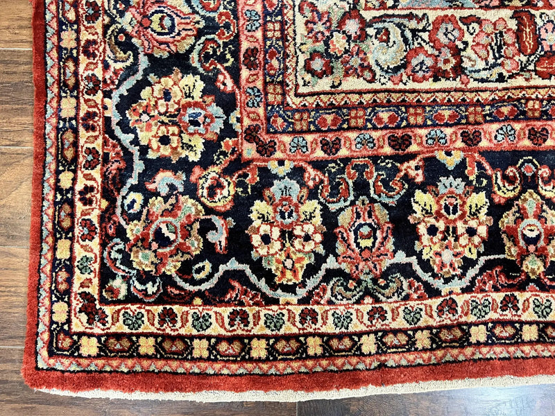 Persian Sarouk Rug 11x14, Semi Open Field, Large Antique Persian Wool Handmade Carpet, Red and Dark Blue, Floral by Jewel Rugs