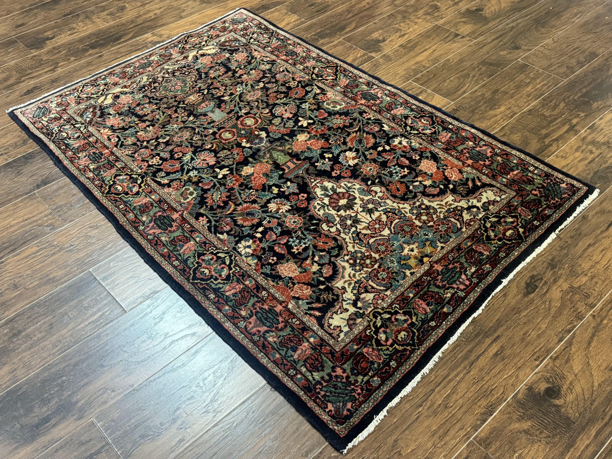 Antique Persian Rug 4x5, Navy Blue 1920s Carpet, Wool, Rare, Fine, Persian Hamadan Bidjar Carpet by Jewel Rugs