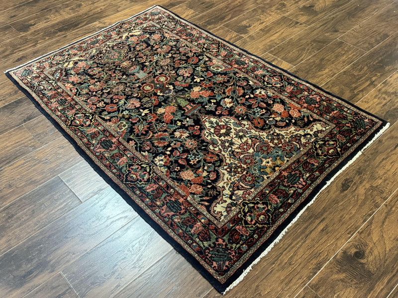Antique Persian Rug 4x5, Navy Blue 1920s Carpet, Wool, Rare, Fine, Persian Hamadan Bidjar Carpet by Jewel Rugs