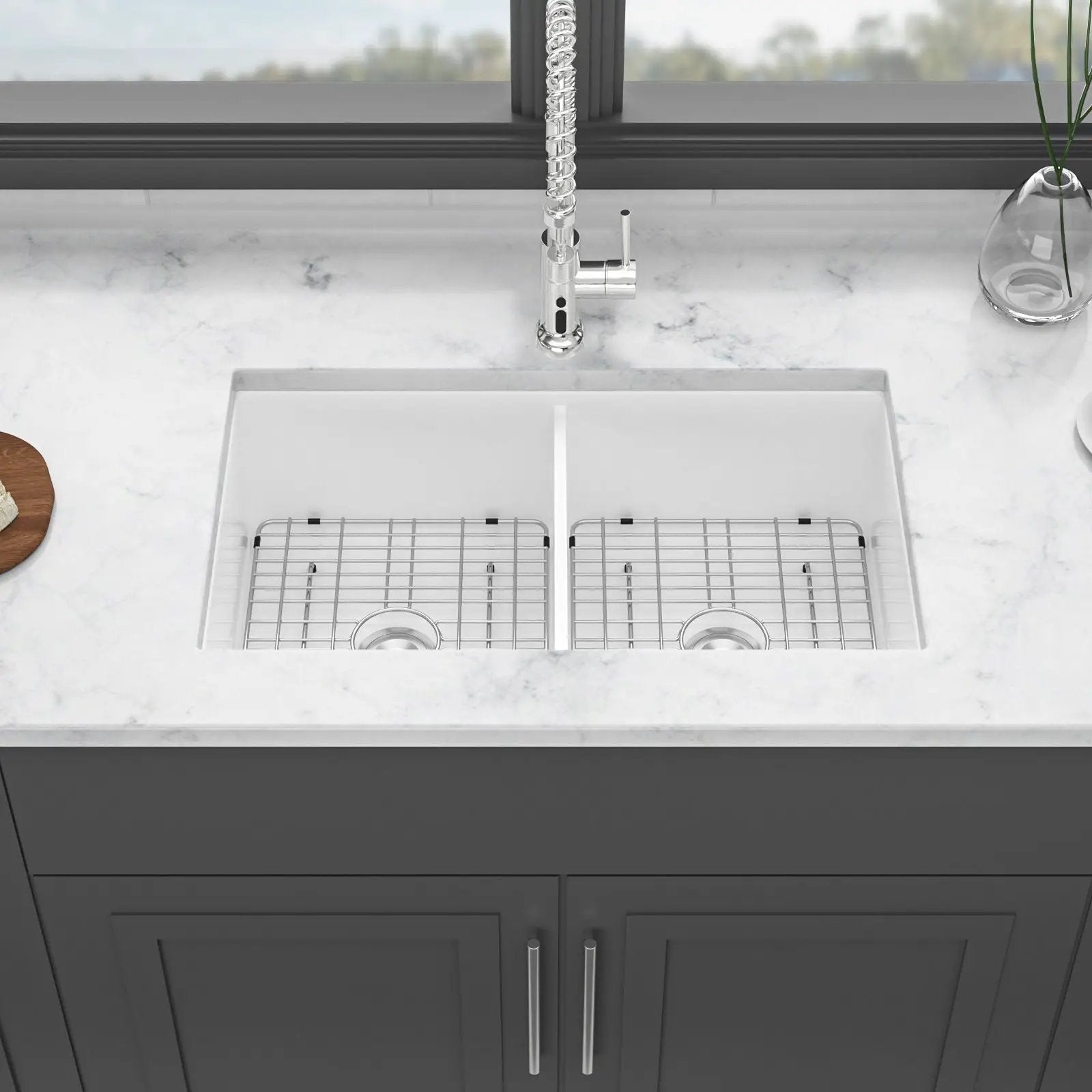 Elegant Dual Mount 32" Undermount Double Bowl Ceramic Kitchen Sink - White by HouseOfZazla