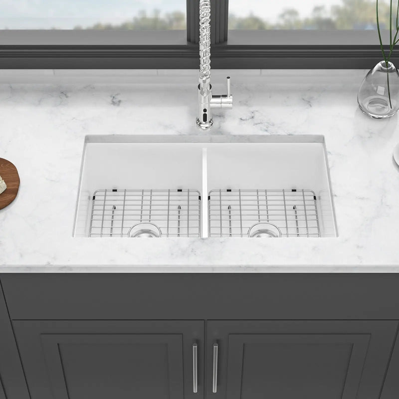 Elegant Dual Mount 32" Undermount Double Bowl Ceramic Kitchen Sink - White by HouseOfZazla