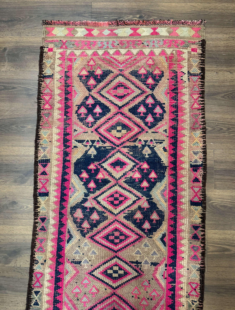 Turkish Runner Rug 3x10, Pink and Navy Blue, Bohemian Runner for Hallway or Kitchen, Vintage, Geometric, Tribal by Jewel Rugs