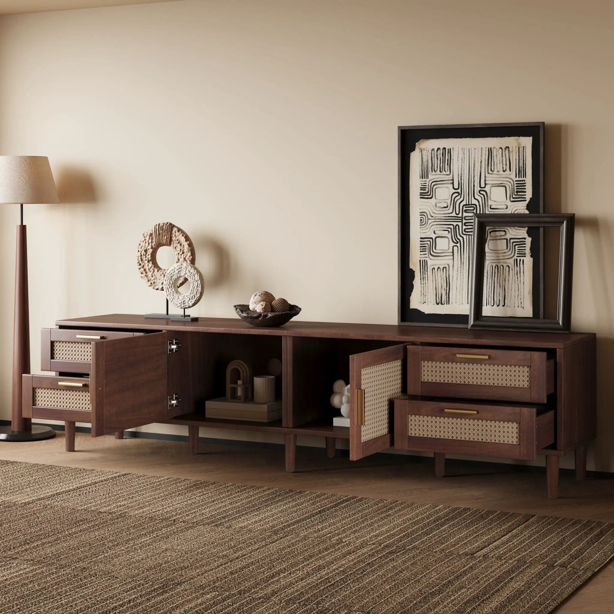 TV Stand, Media Console With 4 Drawers, Soft Closing Hinges - Dark Brown