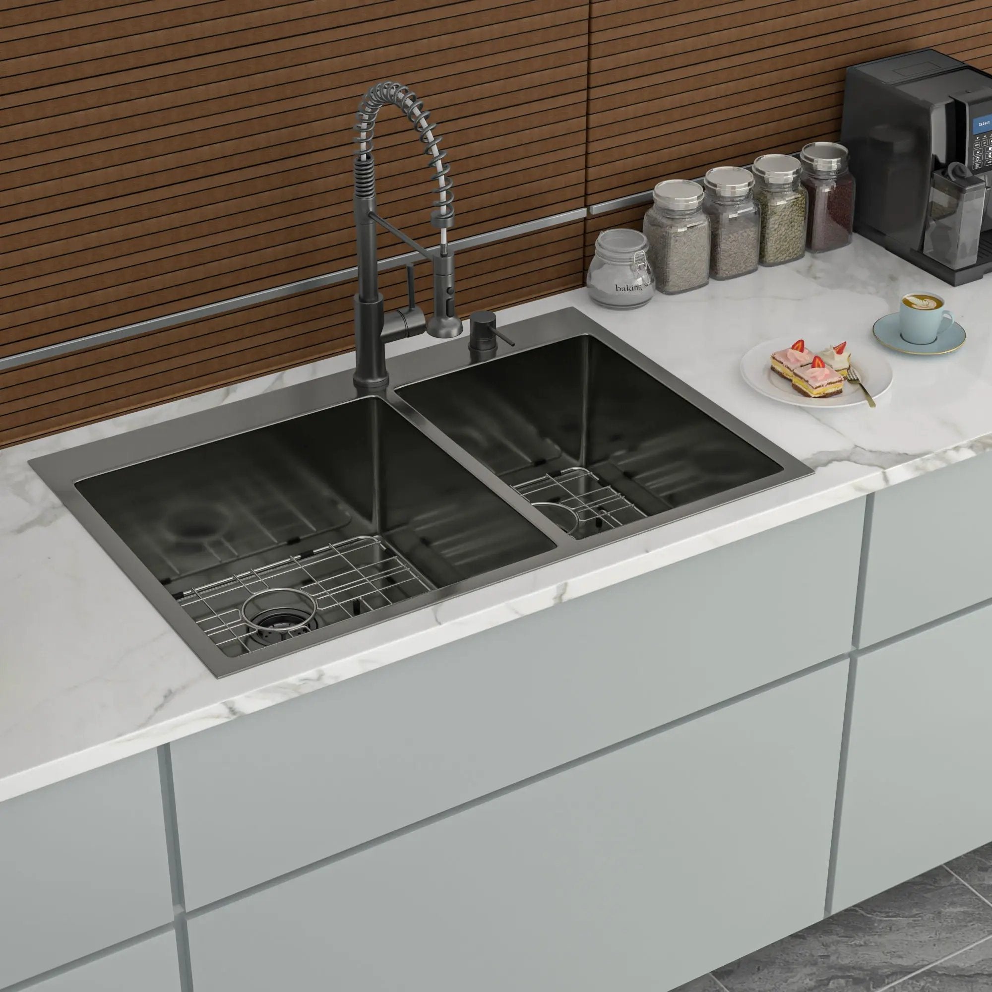 Double Bowl Kitchen Sink 16 Gauge 33" X 22" With 2 10" Deep Basins - Gunmetal Black by HouseOfZazla