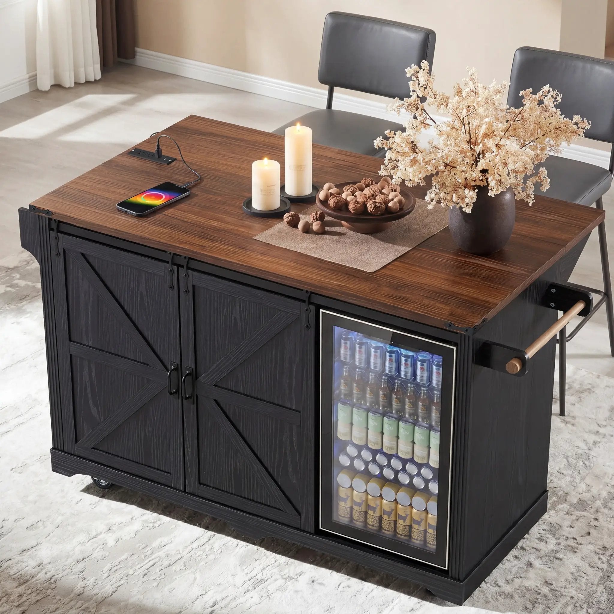 K&K 72" Farmhouse Kitchen Island with Fridge Storage Space & Power Outlet by HouseOfZazla