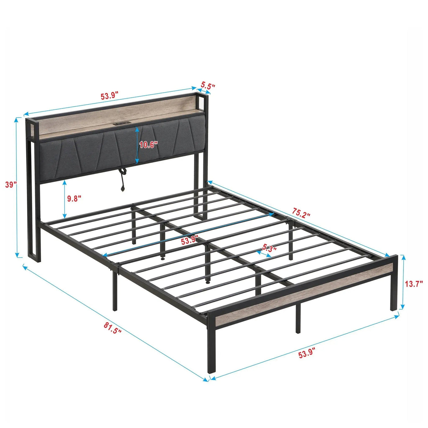 Modern Bed Frame With LED Lights, Upholstered Headboard, USB Charging by HouseOfZazla
