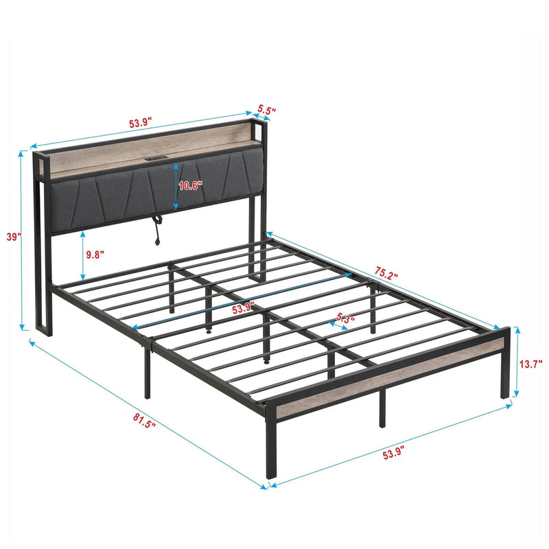 Modern Bed Frame With LED Lights, Upholstered Headboard, USB Charging by HouseOfZazla