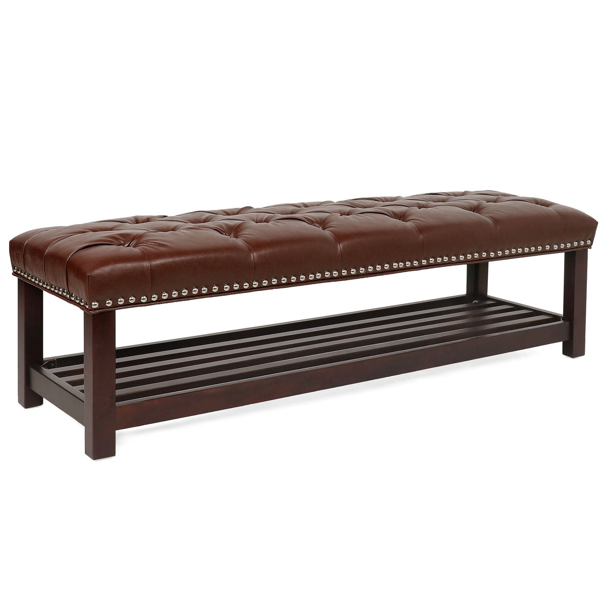 Tufted Upholstered End of Bed Bench with Nailhead Trim - Faux Leather