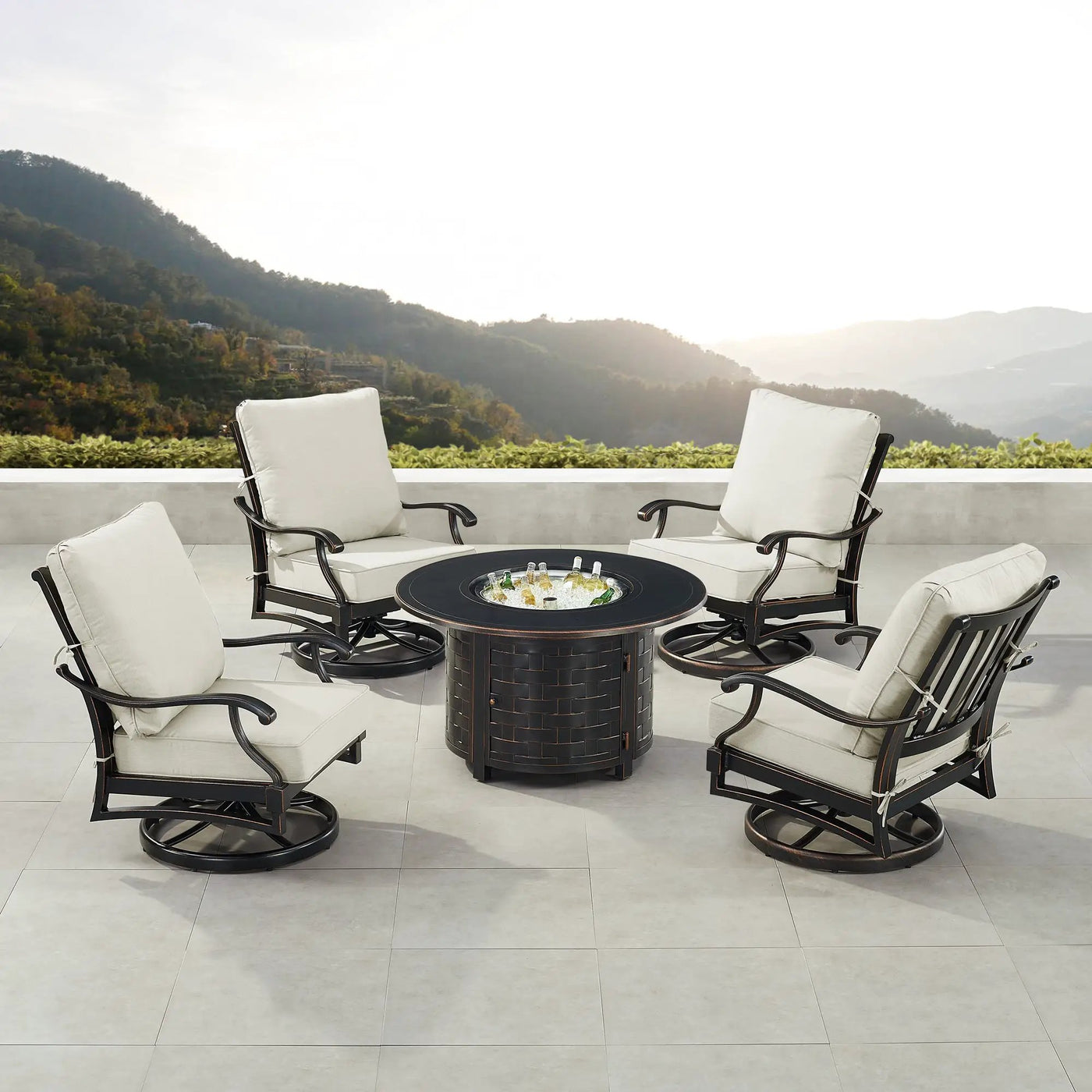 Black Aluminum Fire Table Set with Four Club Chairs by Sharicks