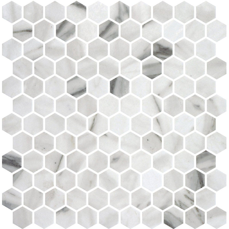 Calacata Honed Hexagon Glass Mosaics 11 3/4x11 1/2 Glass Honed 12x12 Mosaics