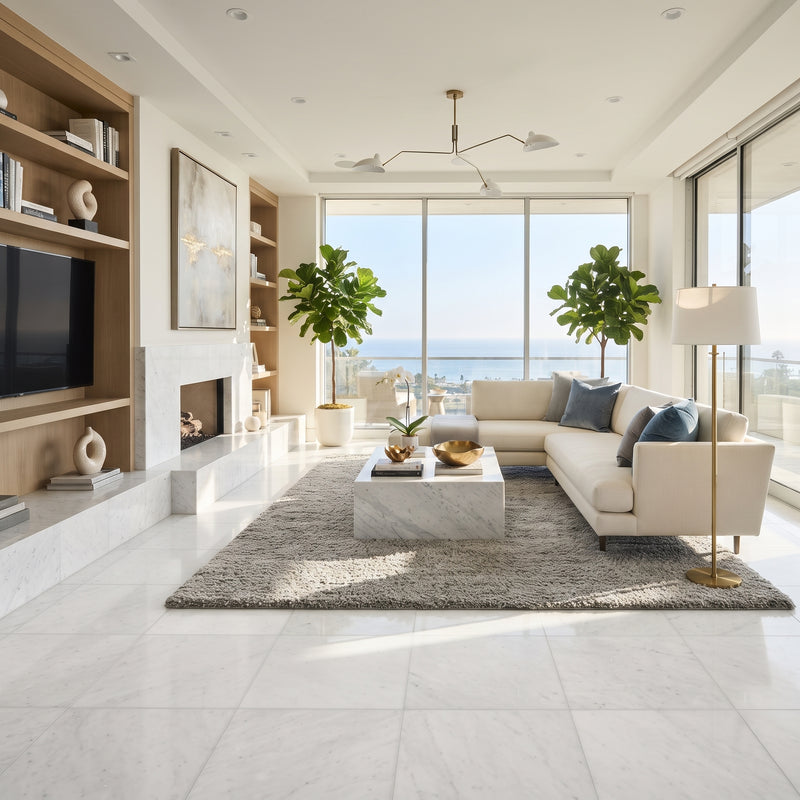 A modern, sunlit living room with an off-white sectional sofa, marble coffee table, gray rug, built-in wood shelving, and large windows overlooking the ocean.