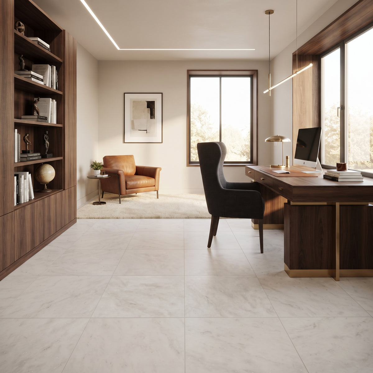 A modern home office interior with large light beige marble-look floor tiles, dark wood shelving, a desk, chair, and windows.