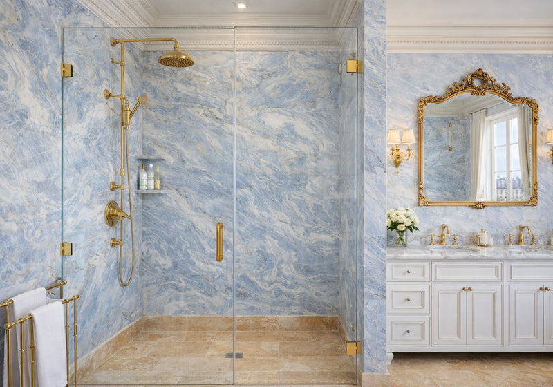 Calacatta Cielo Leather Marble Slab Random room scene 2
