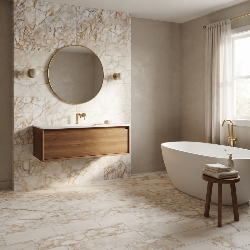 A luxury bathroom interior featuring a floating wooden vanity with a white countertop, a large round gold-framed mirror, a freestanding white bathtub, and a small wooden stool with folded towels. The walls and floor are decorated with beige and cream marble tiles, and the room is illuminated by natural light from a window with sheer curtains.