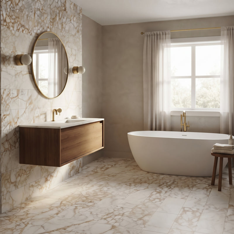 A modern bathroom interior featuring a floating wooden vanity with a white sink, a round wall mirror, a freestanding white bathtub, and marble-look tile flooring and walls. Gold-toned fixtures and a window with sheer curtains are visible in the background.