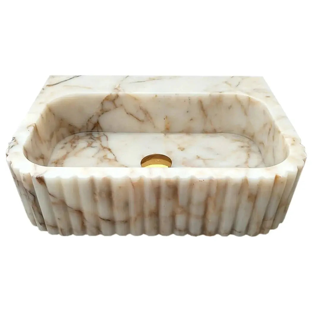 Calacatta Gold Marble Wall Mount Bathroom Vanity Sink with Fluted Design 16x20x6 by GobekDesign