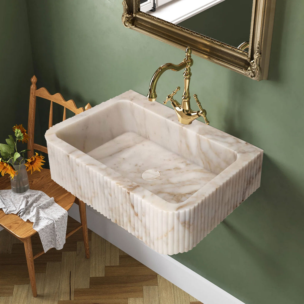 Calacatta Gold Marble Fluted Wall Mount Bathroom Vanity Sink 18x30 by GobekDesign
