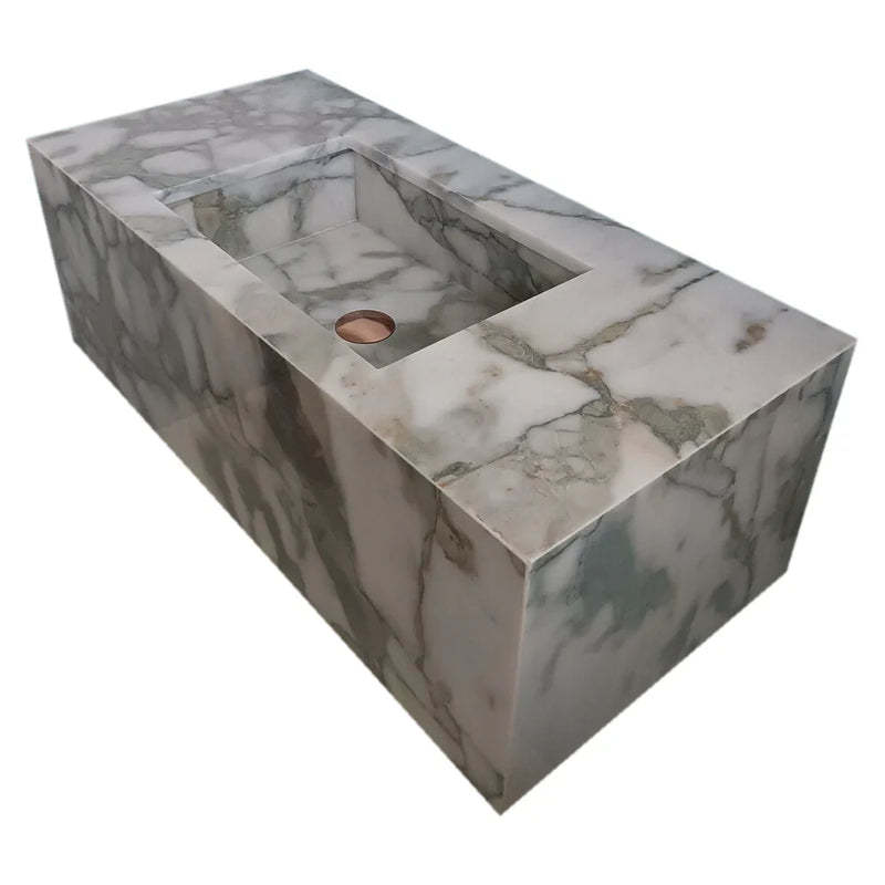 Calacatta Verde Marble Rectangular Wall-mount Bathroom Sink with 10" Backsplash (W)16" (L)34" (H)12" by GobekDesign