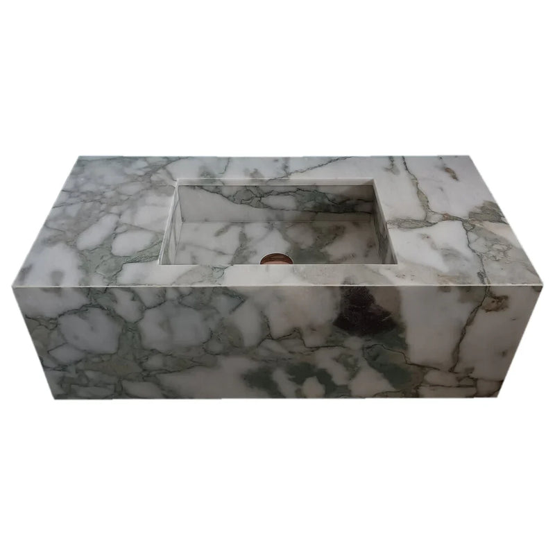 Calacatta Verde Marble Rectangular Wall-mount Bathroom Sink with 10" Backsplash (W)16" (L)34" (H)12" by GobekDesign