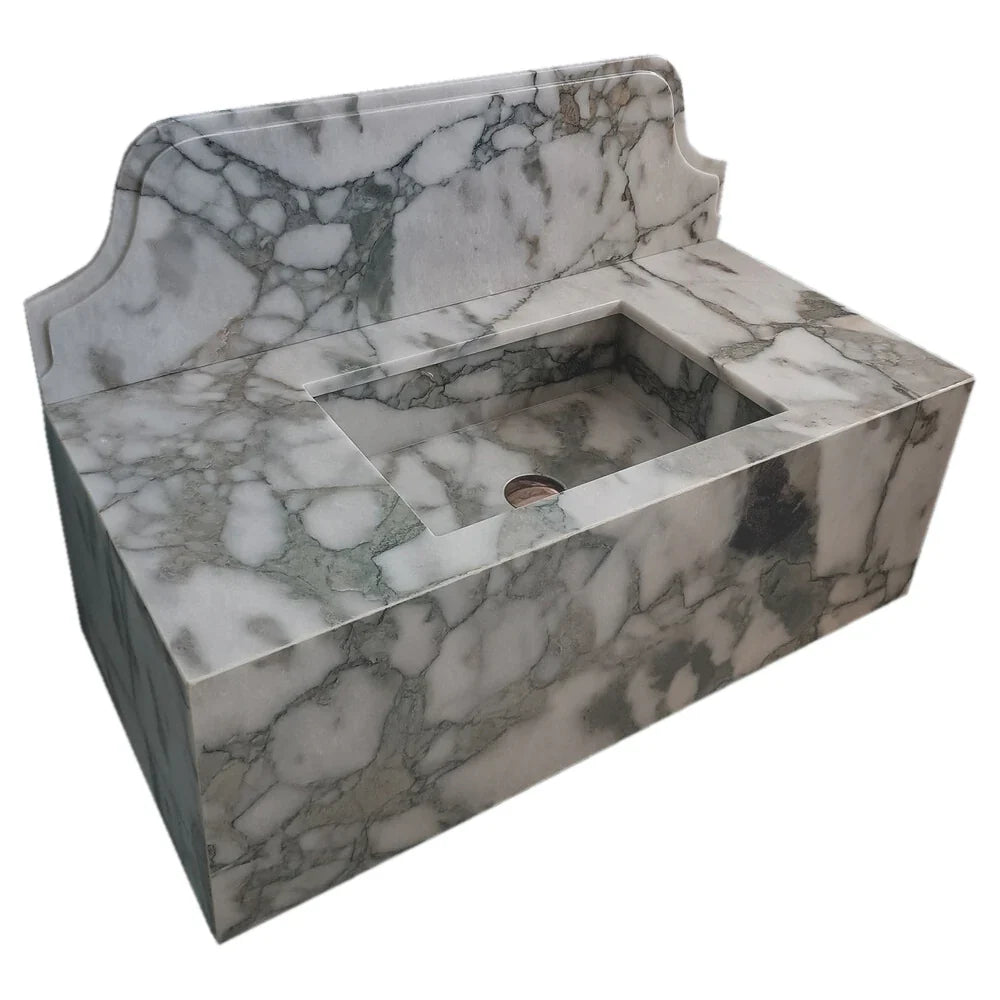 Calacatta Verde Marble Rectangular Wall-mount Bathroom Sink with 10" Backsplash (W)16" (L)34" (H)12" by GobekDesign