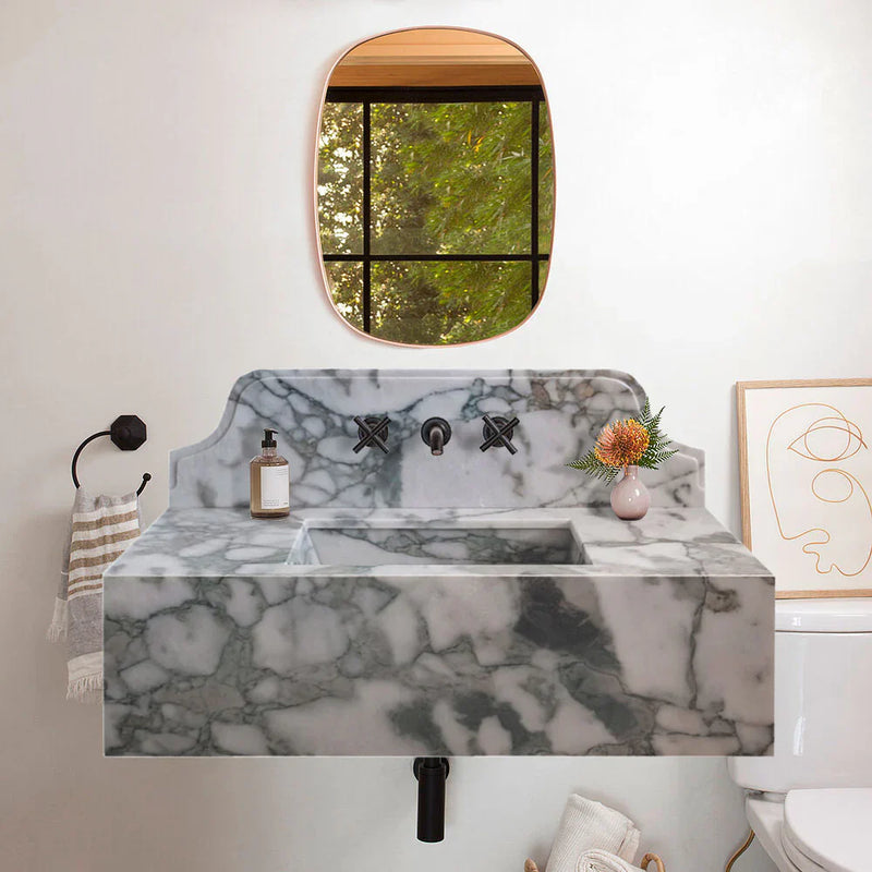 Calacatta Verde Marble Rectangular Wall-mount Bathroom Sink with 10" Backsplash (W)16" (L)34" (H)12" by GobekDesign