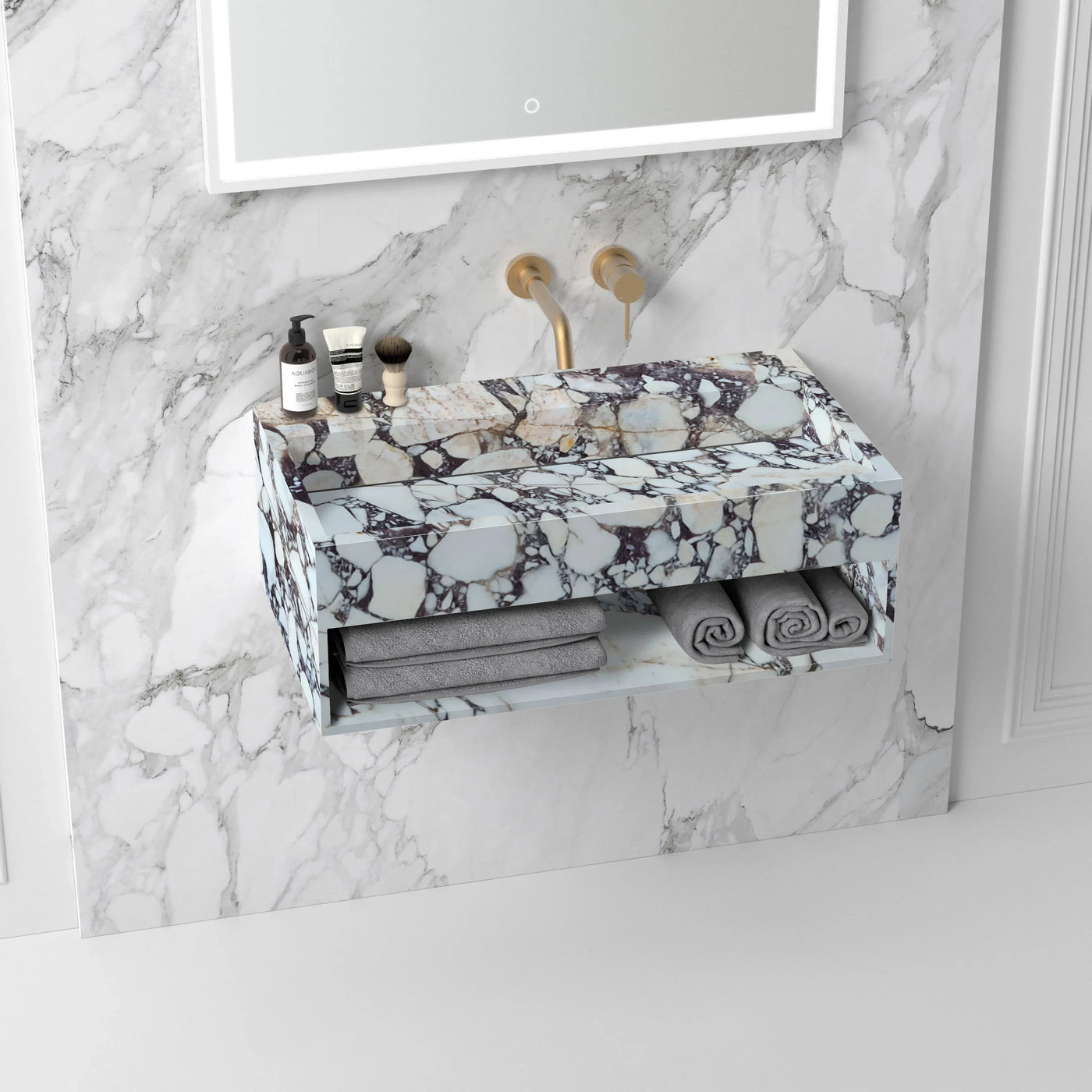 Calacatta Viola Marble Wall Mount Bathroom Sink 40 Inch - Hidden Drain With Storage by GobekDesign