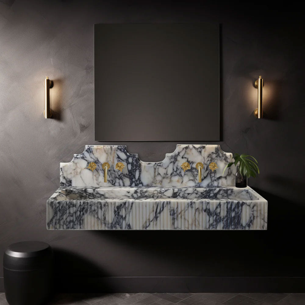 Calacatta Viola Marble Wall-mount Bathroom Sink with Fluted with Backsplash (W)20" (L)55" (H)6" by GobekDesign